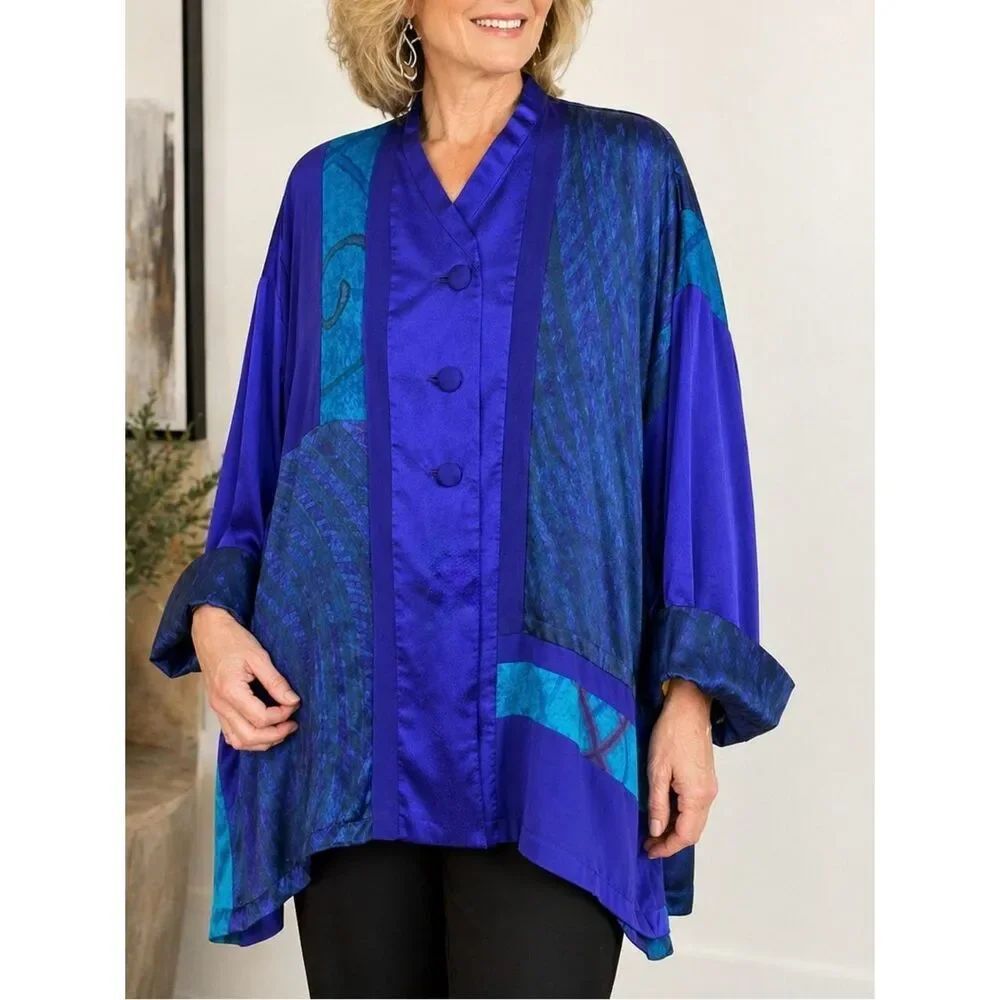 Ellen Steininger Silk Art Jacket Blue Purple Oversized Button Front XXL Vintage